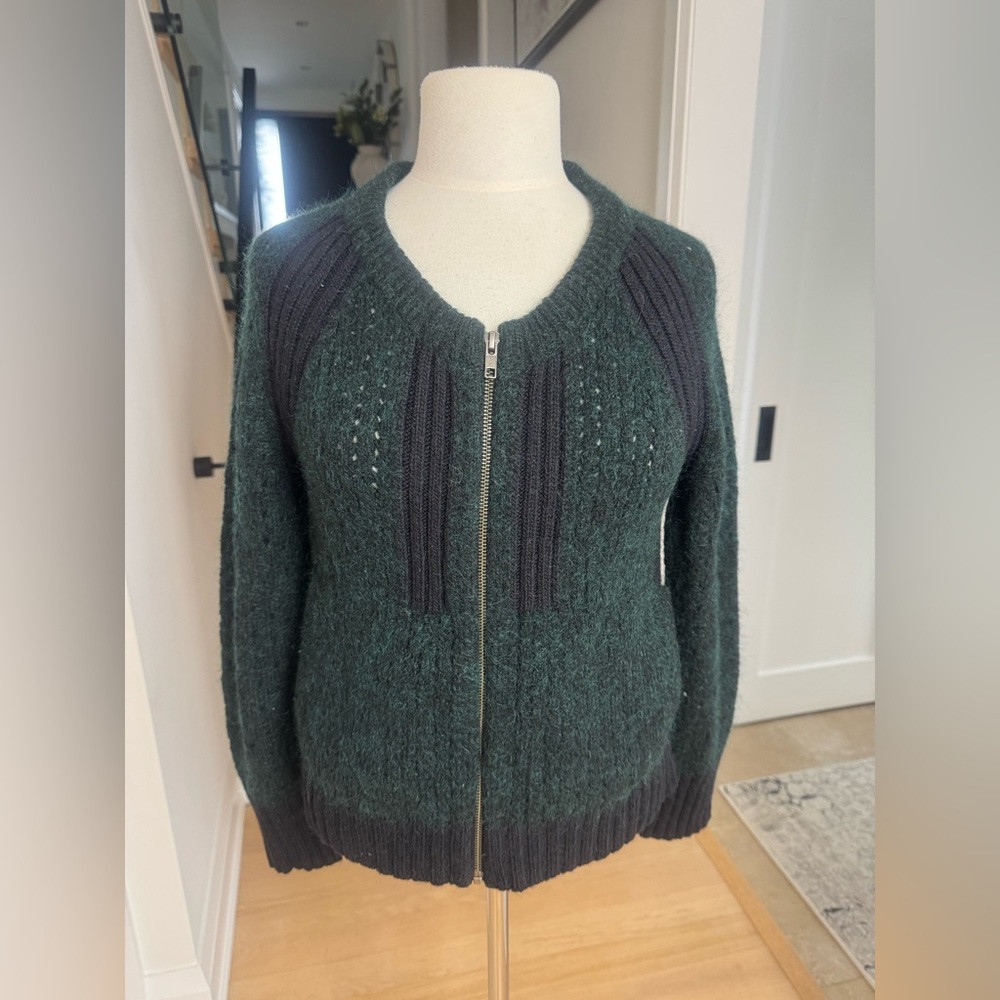 SEE BY CHLOE Green and Black Wool Mohair Zip Cardigan Sweater US 4